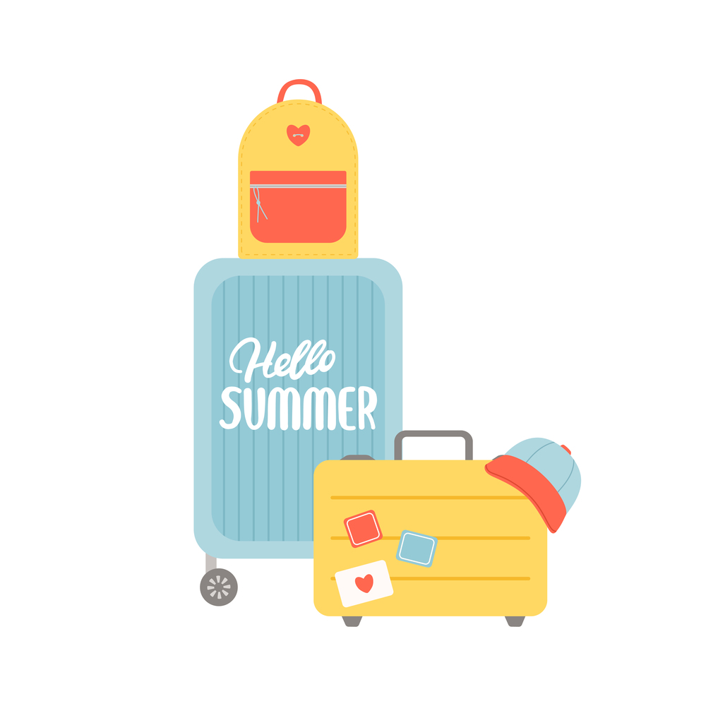 Hello summer baggage, travel elements, accessories, vector illustration
