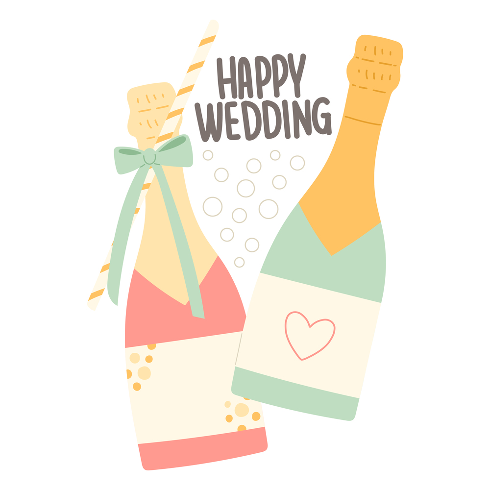 Happy wedding flat vector illustration with champaigne bottle
