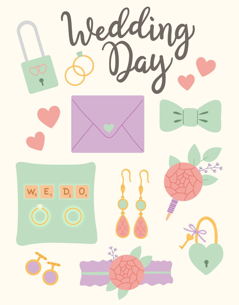 Wedding day bride and groom accessories vector illustration