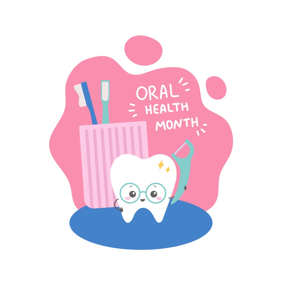 Oral care month, teeth care flat vector illustration