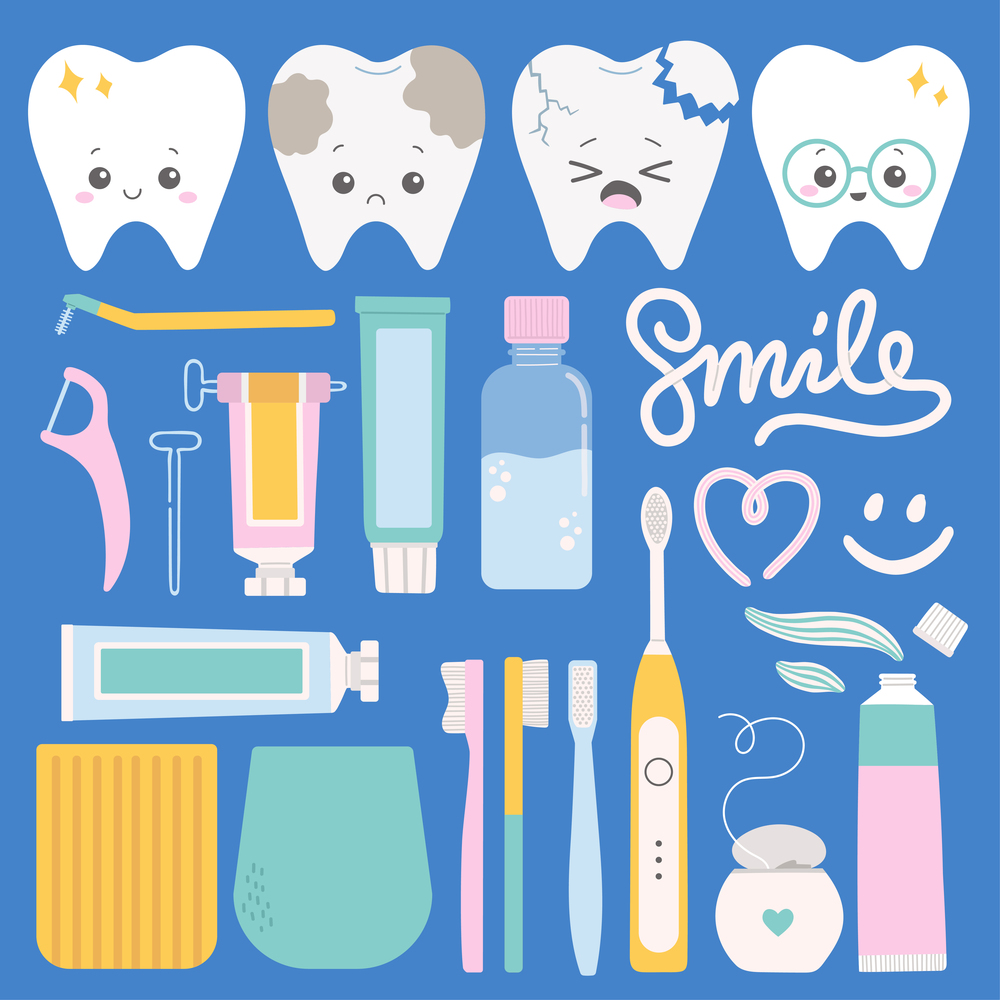Teeth health care set flat vector illustration with tooth, tooth brush, tooth paste and other accessories