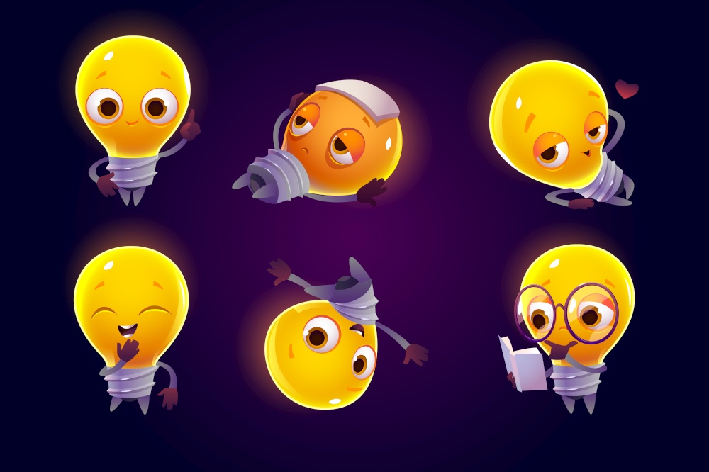 Cute light bulb character in different pose