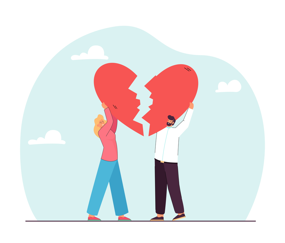 Happy tiny cartoon couple holding two halves of broken heart. Man and woman fixing heart together flat vector illustration. Relationship, love, breakup concept for banner or landing web page