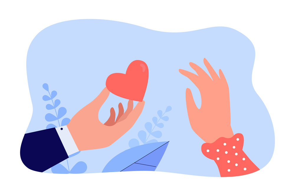 Mans hand giving heart gift to woman. Rejection of girl on date flat vector illustration. Mistake and end of love, lovesickness, breakup concept for banner, website design or landing web page. Mans hand giving heart gift to woman