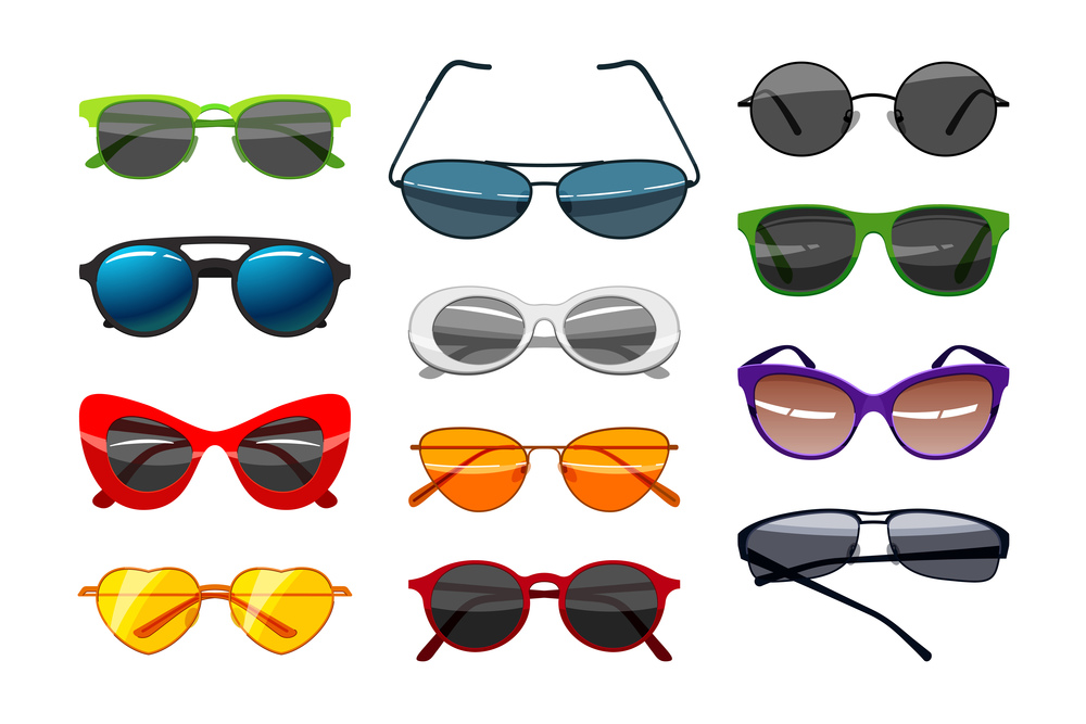 Trendy sunglasses set. Vector illustrations of retro and modern glasses with different shapes and colors. Cartoon accessory collection for eye protection from sun isolated on white. Fashion concept. Trendy sunglasses set