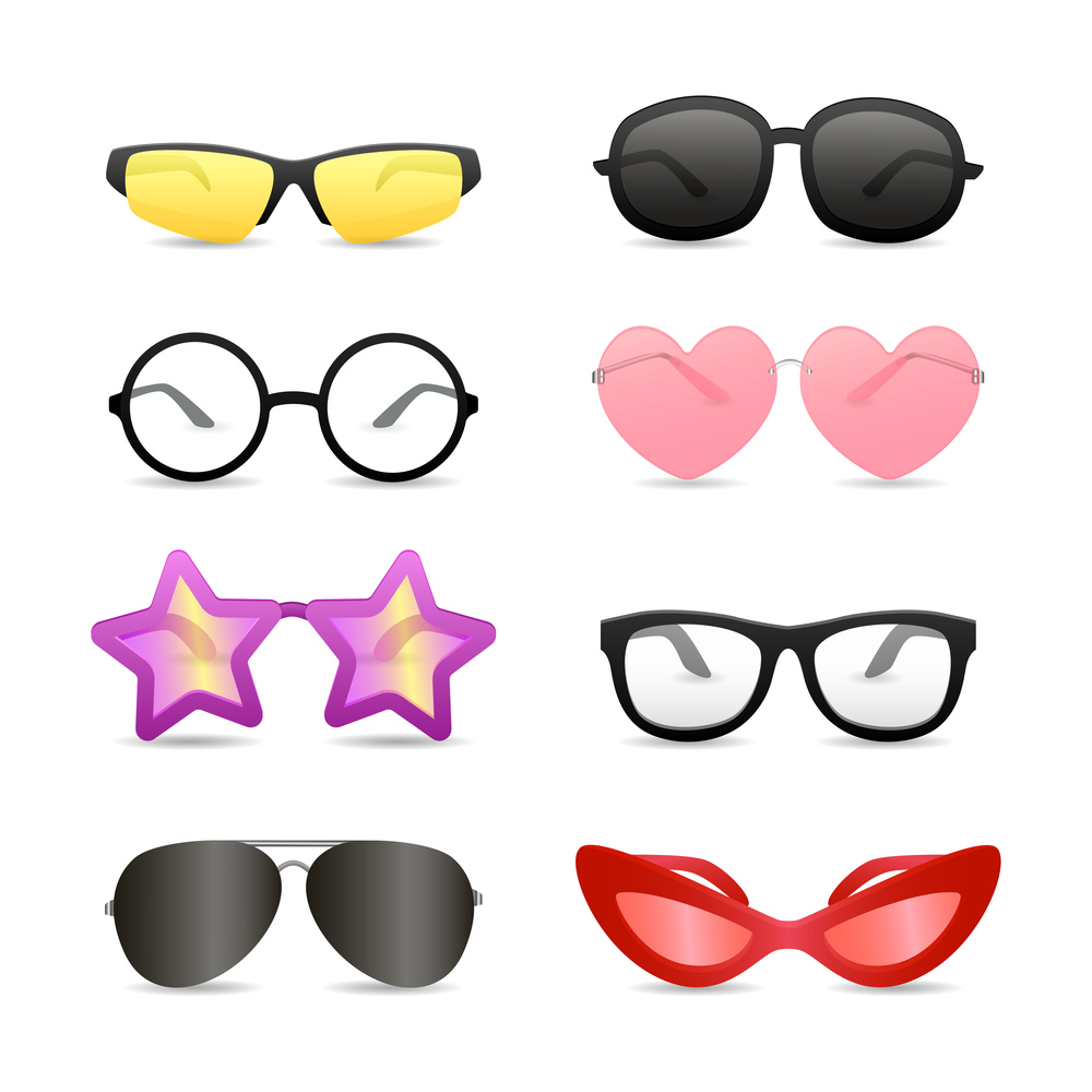 Funny glasses of different shapes. Set of bright eyewear. Can be used for topics like summer, store, retail
