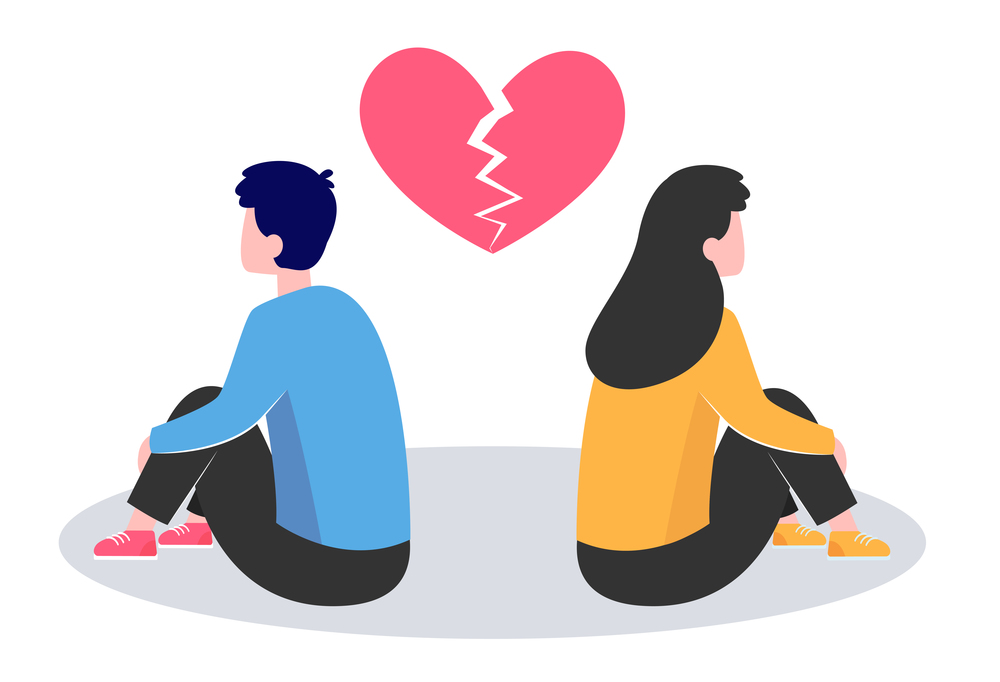 Conflict in couple. Young man and woman turning their back on under broken heart flat vector illustration. Breakup, heartbreak, split up concept for banner, website design or landing web page