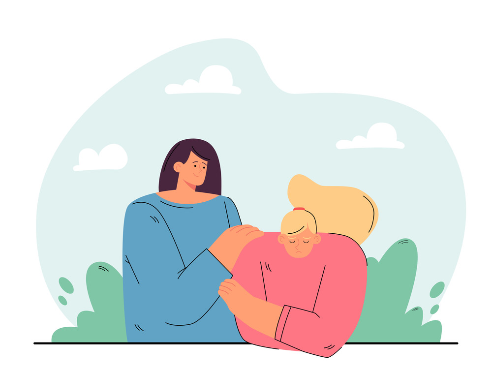 Friendship, help, empathy concept. Depressed unhappy person meeting with friend. Woman touching shoulder of her upset friend, giving comfort and listening to her