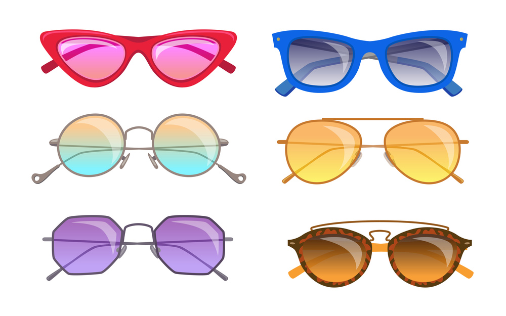Trendy retro sunglasses vector illustrations set. Collection of fashionable vintage sun glasses of different colors and shapes isolated on white background. Fashion, accessories, summer concept