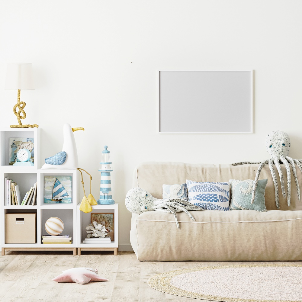blank horizontal frame mock up in Modern Kids bedroom interior background, scandinavian style, 3d rendeing