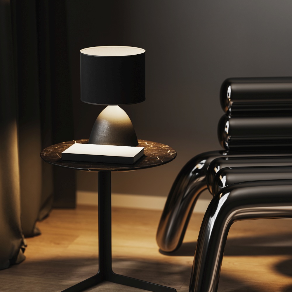 Table lamp with book on coffee table near stylish metal armchair at night, luxury dark gray interior scene close up, fancy hotel interior concept, 3d rendering