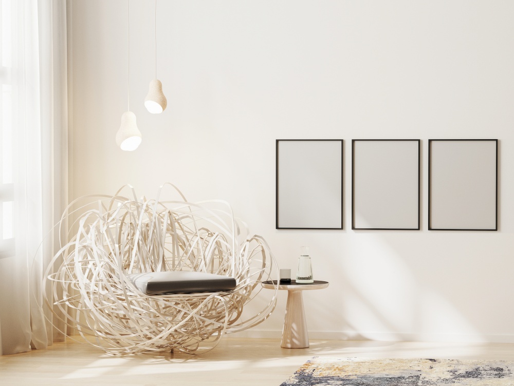 Blank frame mock up in modern interior background, light beige living room with stylish armchair, poster frame mockup, scandinavian style, 3d rendering
