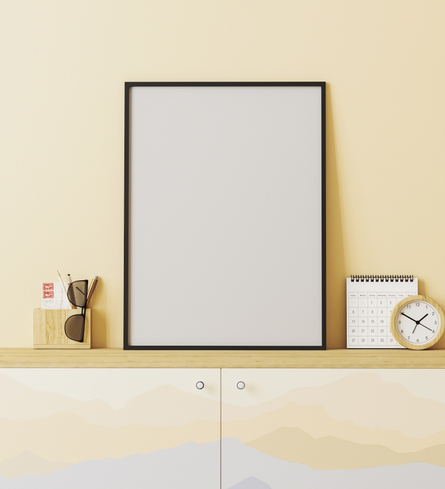 Blank poster frame mockup in modern traveler place style interior with yellow wall, cupboard with mountains print, decoration, travel concept, 3d rendering