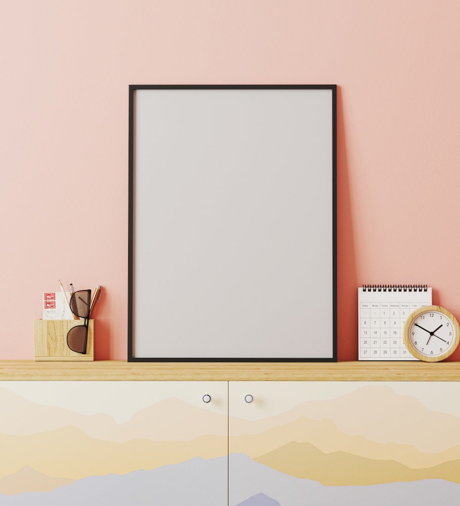 Blank poster frame mockup in modern traveler place style interior with pink wall, cupboard with mountains print, decoration, travel concept, 3d rendering