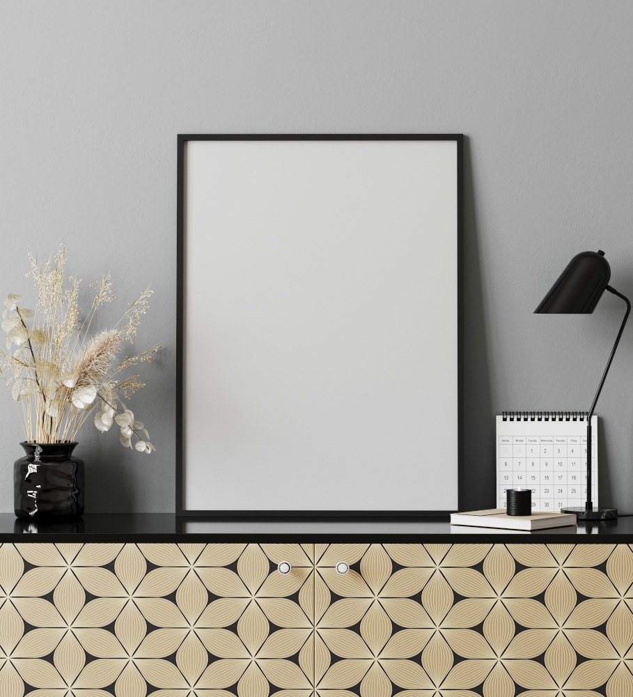 mockup poster frame in modern interior with gray wall, table lamp, calendar and golden print chest of drawers, home office cabinet interior, 3d rendering
