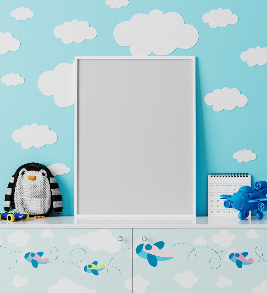 poster frame mock up in children&rsquo;s room with blue wall with clouds, chest of drawers with planes print, penguin soft toy, plane toy, 3d rendering