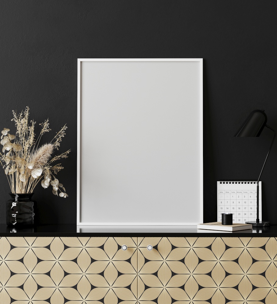 mockup poster frame in modern interior with black wall, table lamp, calendar and golden print chest of drawers, home office cabinet interior, 3d rendering