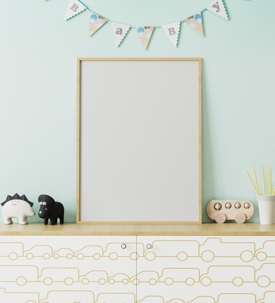 Blank wooden poster frame mockup in children&rsquo;s room interior with light blue wall and garland flags baby, chest of drawers with car print, toys, playroom interior, 3d rendering