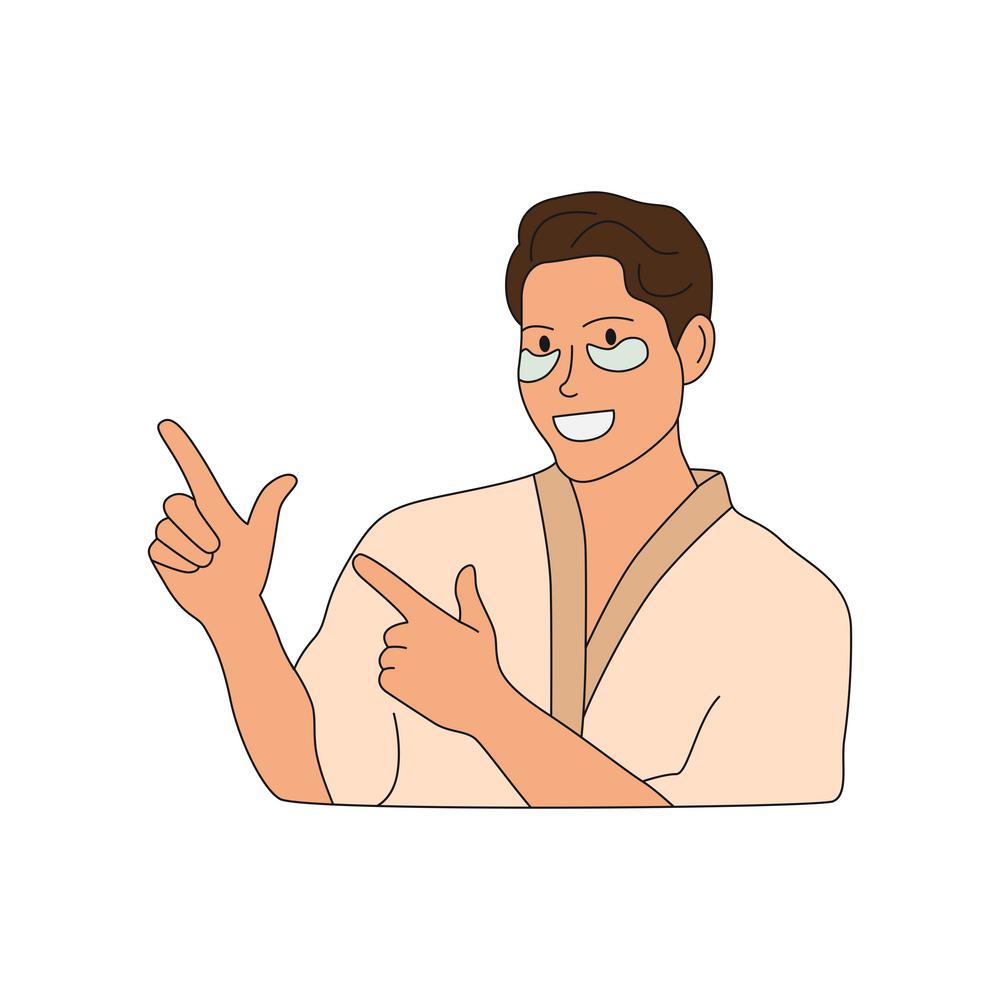 Portrait man in bathrobe smiling with patches mask under eyes and pointing finger. Concept skin care and facial for men. Young man healthcare and skin face care. Hand drawn flat vector illustration.