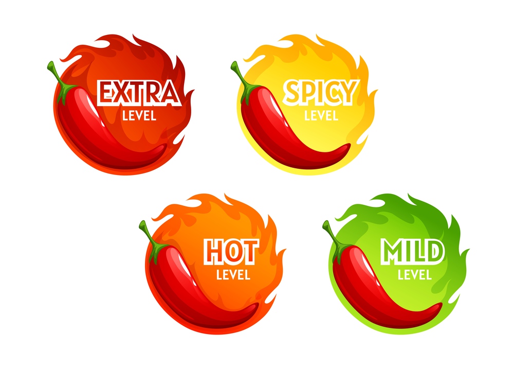 Hot spicy level labels of pepper chili in food, vector icons of mild, medium and extra hot spicy taste scale. Mexican cuisine menu labels with chili pepper salsa or jalapeno and Tabasco ketchup sauce. Hot spicy level labels of pepper chili in food
