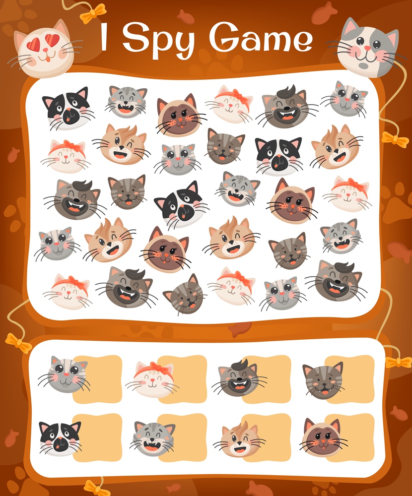 I spy game with cats and kittens. Kids education game how many funny animals on board. Vector educational puzzle with kawaii characters. Numeracy skills and attention development, cartoon riddle page. I spy game with cats and kittens. Kids riddle game