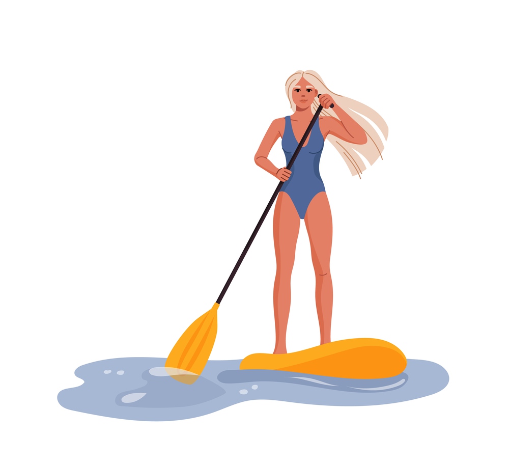 Young blond woman on sup board. Flat style vector girl with paddle standing on surfboard, surfer character. SUP standup paddleboarding activity or paddle surfing on summer vacation and watersports. Young blond woman surfer with paddle on sup board