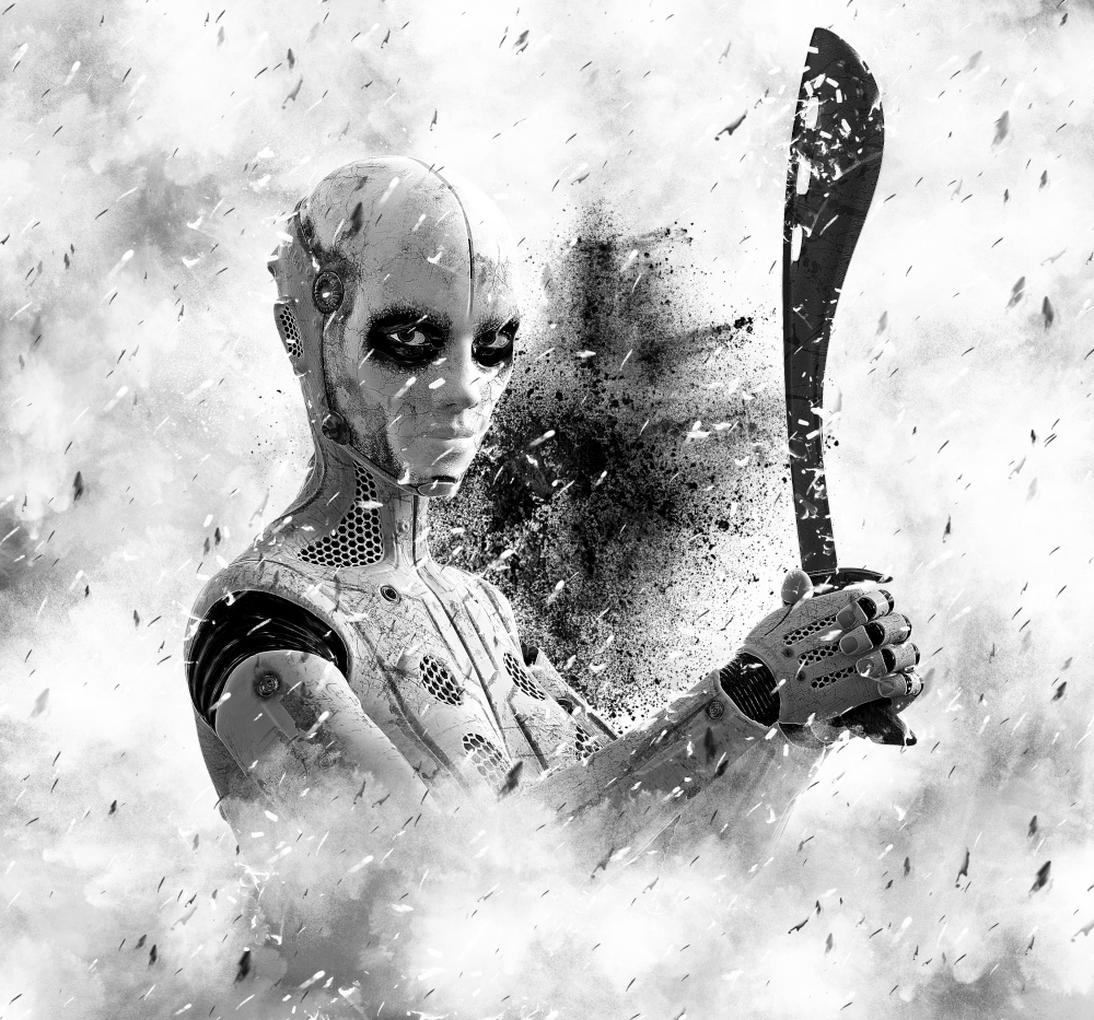 3D rendering in black and white of a robot woman holding a machete in her hands surrounded by smoke and fire sparks. Futuristic digital hero concept.. 3D rendering of female robot hero holding machete.