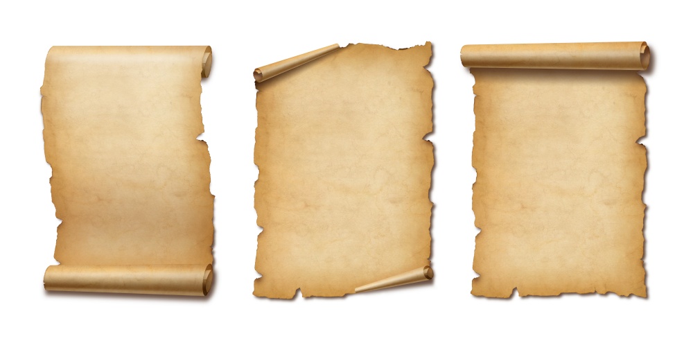 Old Parchment paper scroll isolated on white with shadow. Vertical banners set. Old Parchment paper scroll set isolated on white with shadow. Vertical banners