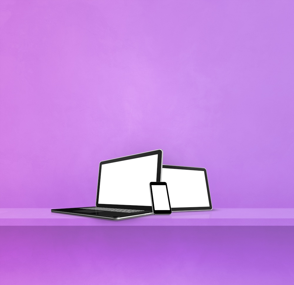 Laptop, mobile phone and digital tablet pc on purple wall shelf. Square background. 3D Illustration. Laptop, mobile phone and digital tablet pc on purple wall shelf. Square background