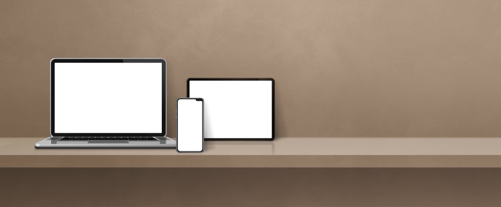 Laptop, mobile phone and digital tablet pc on brown wall shelf. Banner background. 3D Illustration. Laptop, mobile phone and digital tablet pc on brown wall shelf. Banner background