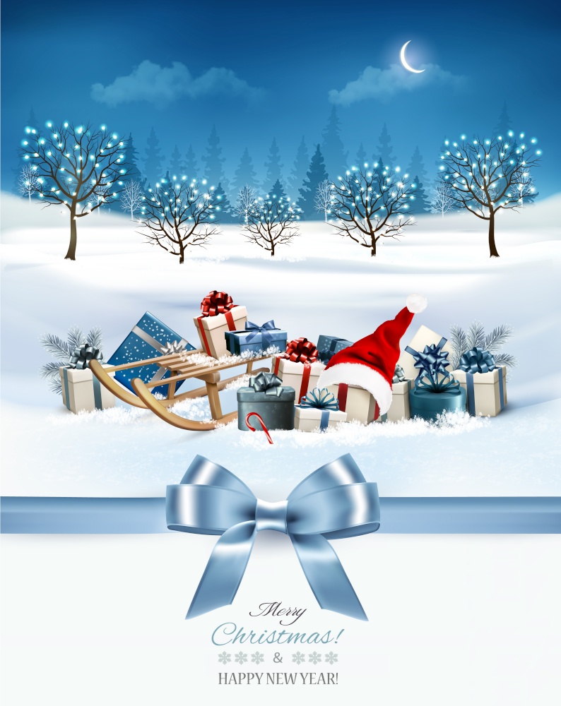 Holiday Christmas and Happy New Year background with evening landscape and christmas colorful presents with Santa hat. Vector