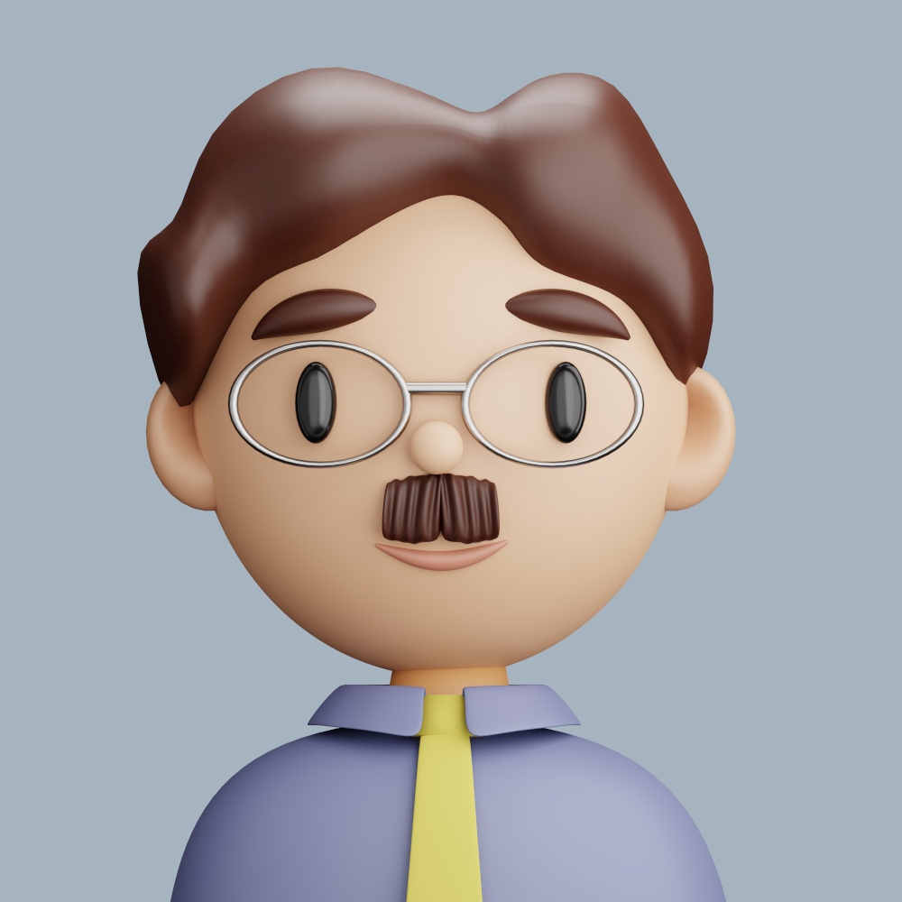 3D illustration of caucasian man. Cartoon close up portrait of standing man with a mustache on a gray background. 3D Avatar for ui ux.
