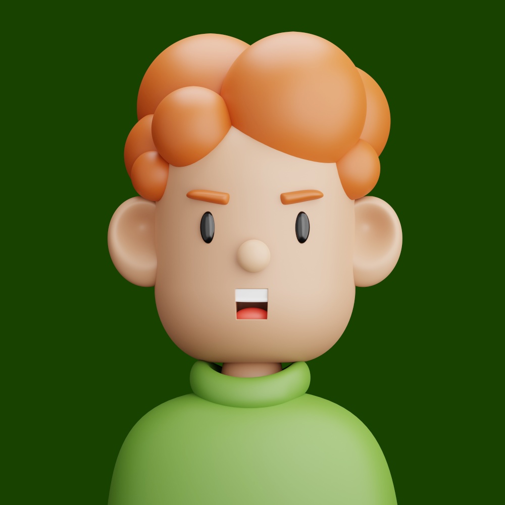 3D cartoon avatar of red-haired teenager. Cartoon close up portrait of red-haired boy on a green background. 3D Avatar for ui ux.