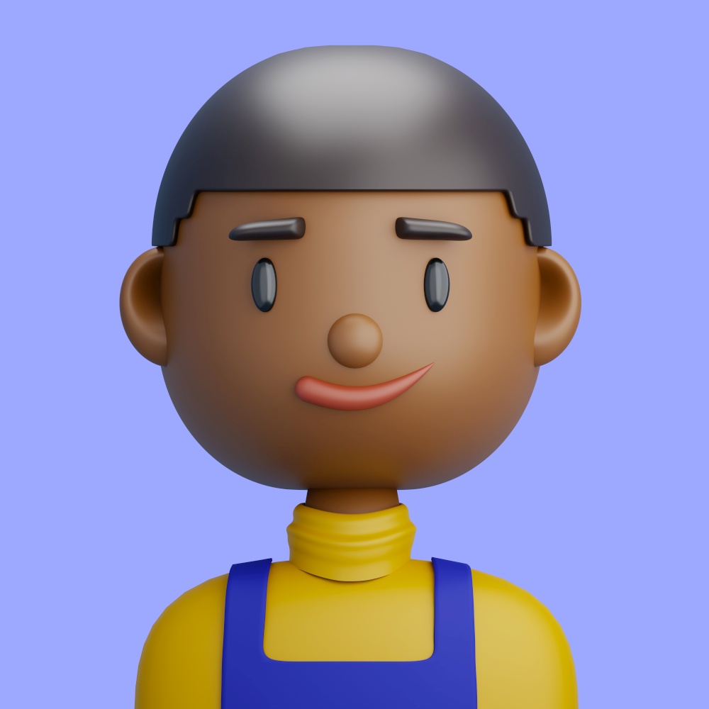 3D cartoon avatar of black teenager. Cartoon close up portrait of black boy on a purple background. 3D Avatar for ui ux.