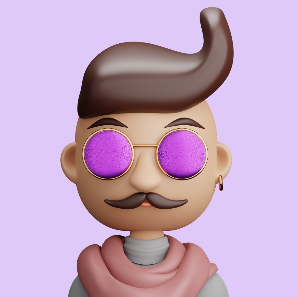3D illustration of  man. Cartoon close up portrait of standing man  with sunglasses and mustache on a pink background. 3D Avatar for ui ux.