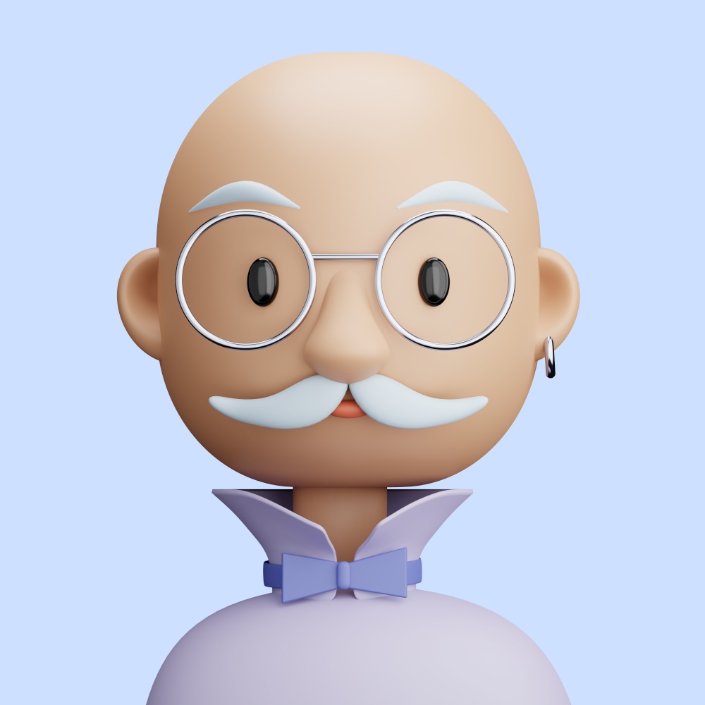 3D illustration of  3D cartoon avatar of stylish old man with a mustache. Cartoon close up portrait  on a gray background. 3D Avatar for ui ux.