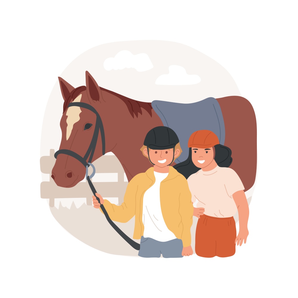 Horse back riding camp isolated cartoon vector illustration. Animal encounter, horse back and pony riding for children, summer camp, outdoor rural adventure, sport activity vector cartoon.. Horse back riding camp isolated cartoon vector illustration.
