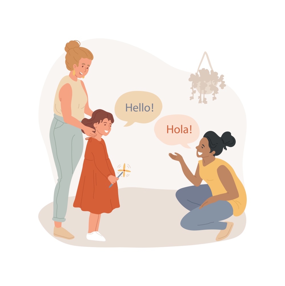 Say hello in foreign language isolated cartoon vector illustration. Children say hello, bilingual daycare center, immersion language program for kids, learning foreign language vector cartoon.. Say hello in foreign language isolated cartoon vector illustration.