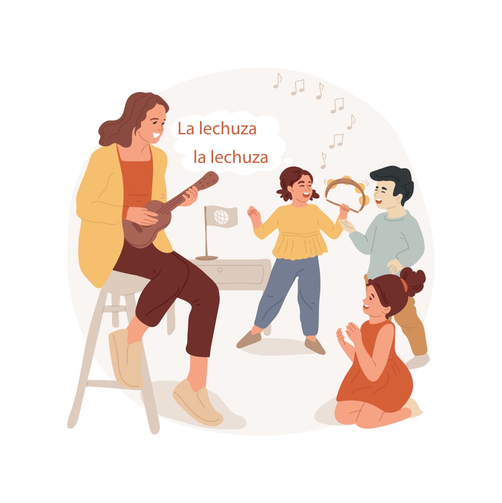Children sing in foreign language isolated cartoon vector illustration. Learning words of song, children listen music, singing in foreign language, immersion language program vector cartoon.. Children sing in foreign language isolated cartoon vector illustration.
