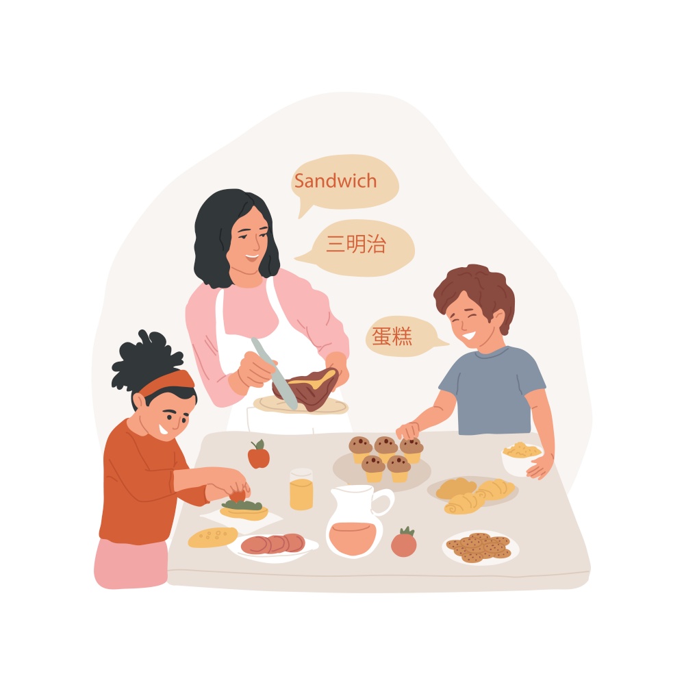 Having traditional food isolated cartoon vector illustration. Children have typical snacks, cultural exchange, traditional food, cooking class, bilingual kindergarten, education vector cartoon.. Having traditional food isolated cartoon vector illustration.