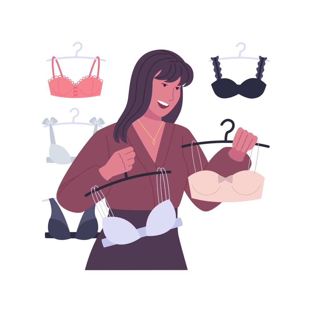 Lingerie shop isolated cartoon vector illustrations. Pretty girl choosing lingerie in shopping mall alone, buying clothes and accessories, underwear in fashion boutique vector cartoon.. Lingerie shop isolated cartoon vector illustrations.