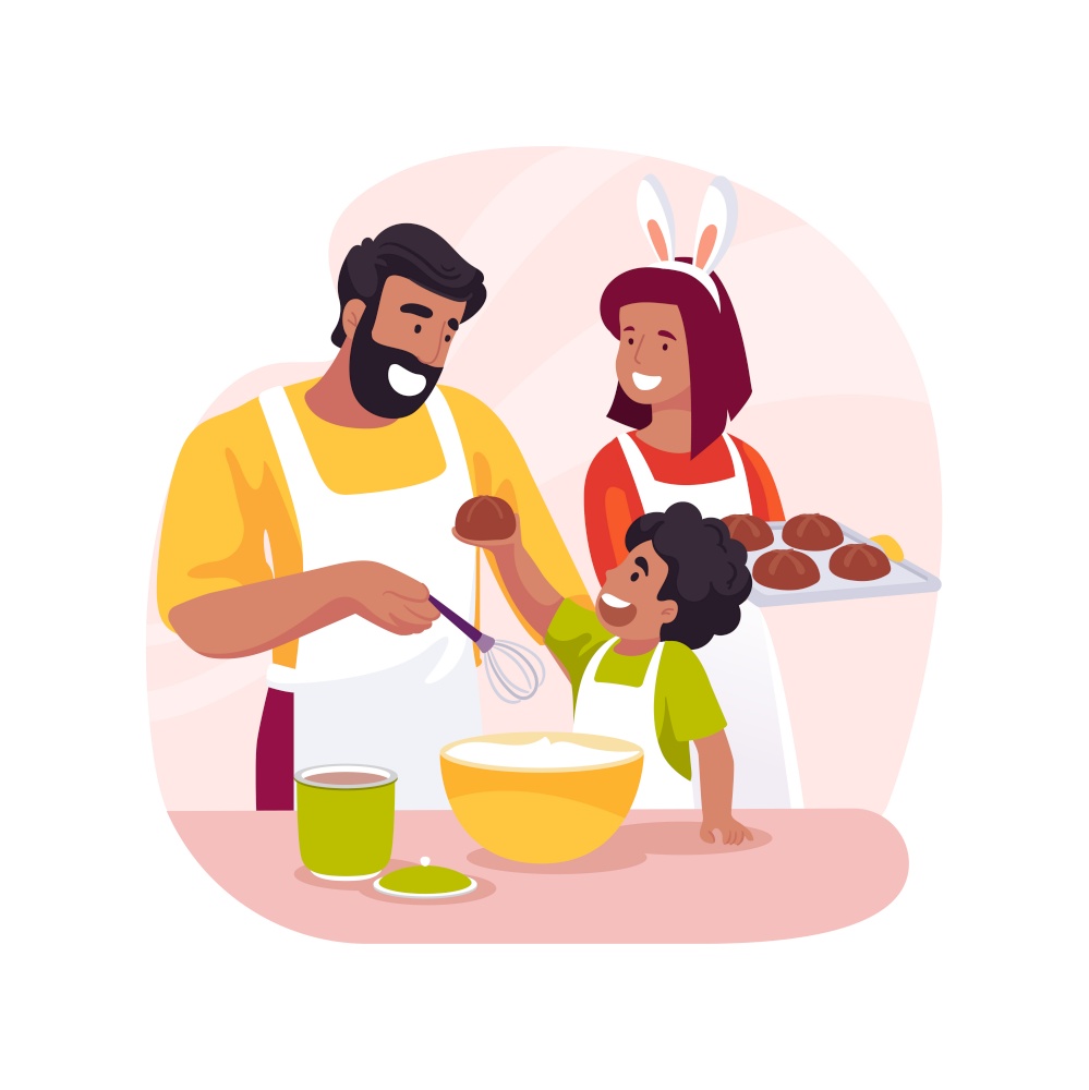 Easter baking isolated cartoon vector illustration. Happy family baking Easter cross buns and having fun, kneading dough, preparation for holiday with pleasure, religious people vector cartoon.. Easter baking isolated cartoon vector illustration.