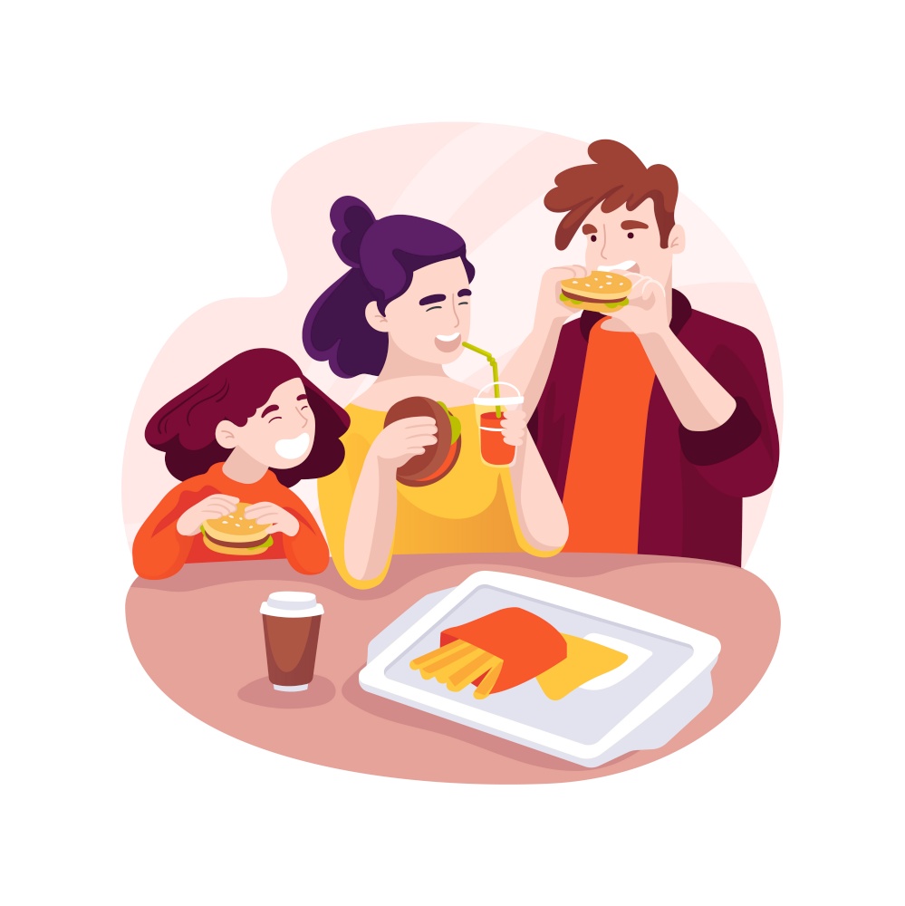 Quick snack isolated cartoon vector illustration. Family at food court snacking, shopping bags, eating at the mall, having lunch, weekend together, commercial center, snack bar vector cartoon.. Quick snack isolated cartoon vector illustration.
