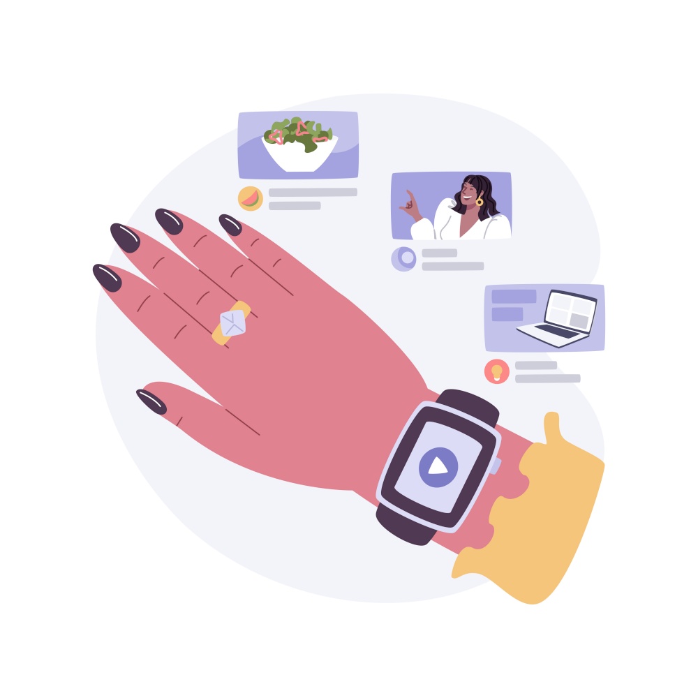 Smartwatch entertainment isolated cartoon vector illustrations. Girl watching video using smartwatch, modern mobile technology, wireless connection, entertainment with gadgets vector cartoon.. Smartwatch entertainment isolated cartoon vector illustrations.