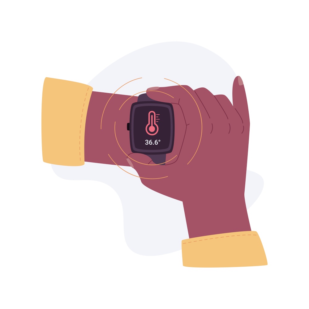 Smartwatch body temperature monitoring isolated cartoon vector illustrations. Person controls body temperature using smartwatch, mobile technology, covid-19 pandemic vector cartoon.. Smartwatch body temperature monitoring isolated cartoon vector illustrations.