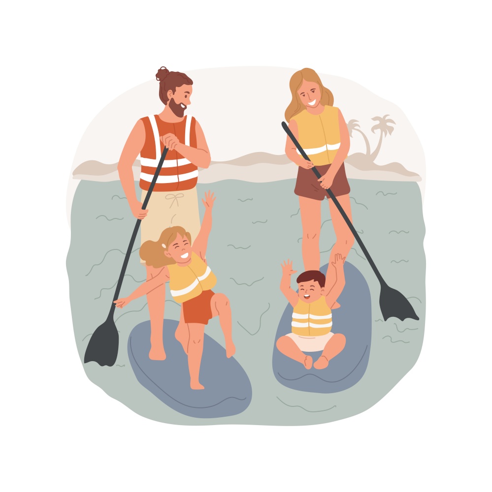 Paddleboard isolated cartoon vector illustration. Family paddleboarding on a lake, summer vacation activity, children and parents standing on a paddleboard, wearing lifejacket vector cartoon.. Paddleboard isolated cartoon vector illustration.