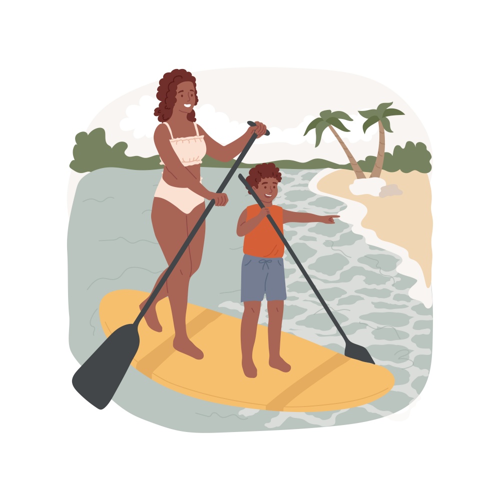 Caribbean paddleboard isolated cartoon vector illustration. Caribbean style tropical sea, beach activity, family standing on paddle boards, SUP board rental, summer vacation vector cartoon.. Caribbean paddleboard isolated cartoon vector illustration.