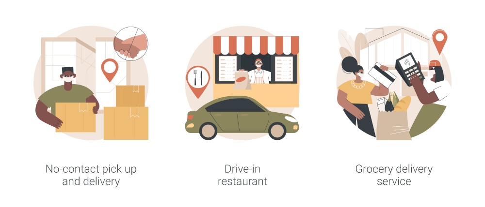 Safe way to get food and essentials abstract concept vector illustration set. No-contact pick up and delivery, drive-in restaurant, grocery delivery service in covid-2019 quarantine abstract metaphor.. Safe way to get food and essentials abstract concept vector illustrations.