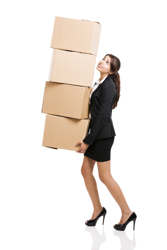 Business woman carrying card boxes, isolated over white background. Businesswoman holding boxes