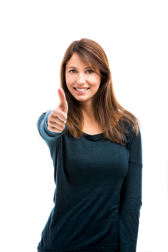 Beautiful woman with thumbs up isolated over a white background. Happy woman
